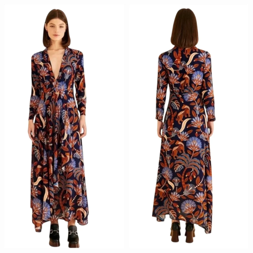 FARM Rio Nature Beauty Blue‎ Long Sleeve V-Neck Maxi Dress